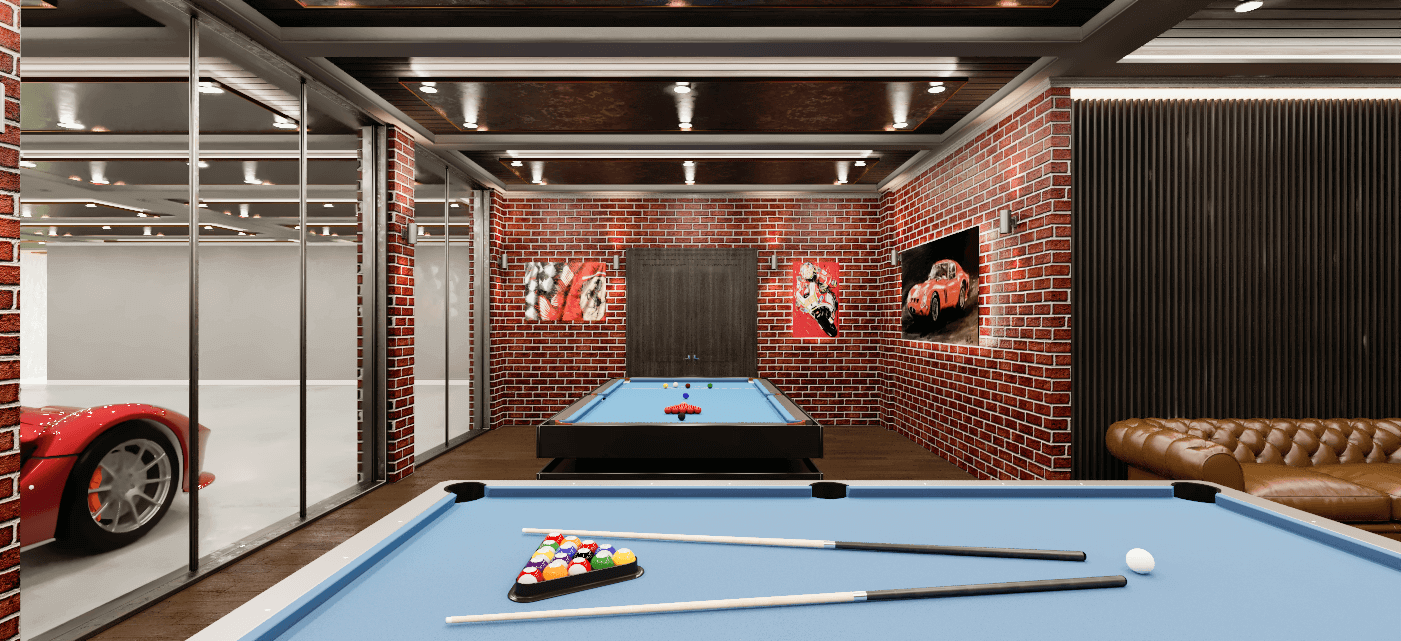 Two pool tables with images of motor vehicles on the walls